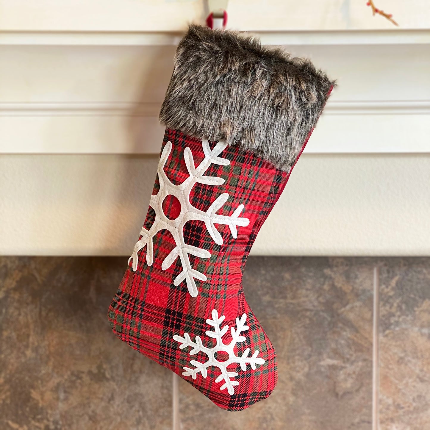 18" Plaid Christmas Stocking with fur Cuff，Set of 4, red classic plaid and snowflake