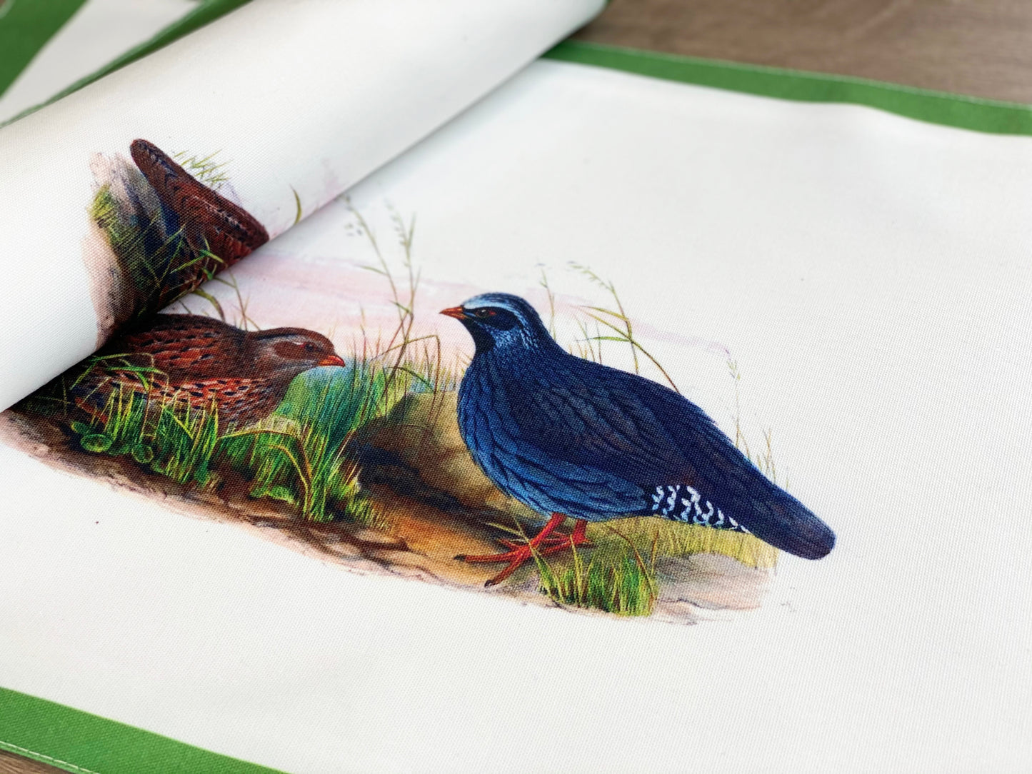 Set of 4 Decorative Machine washable Cotton Placemat, blue and brown wild birds in a green Field, Washable Placemat for fall dining table