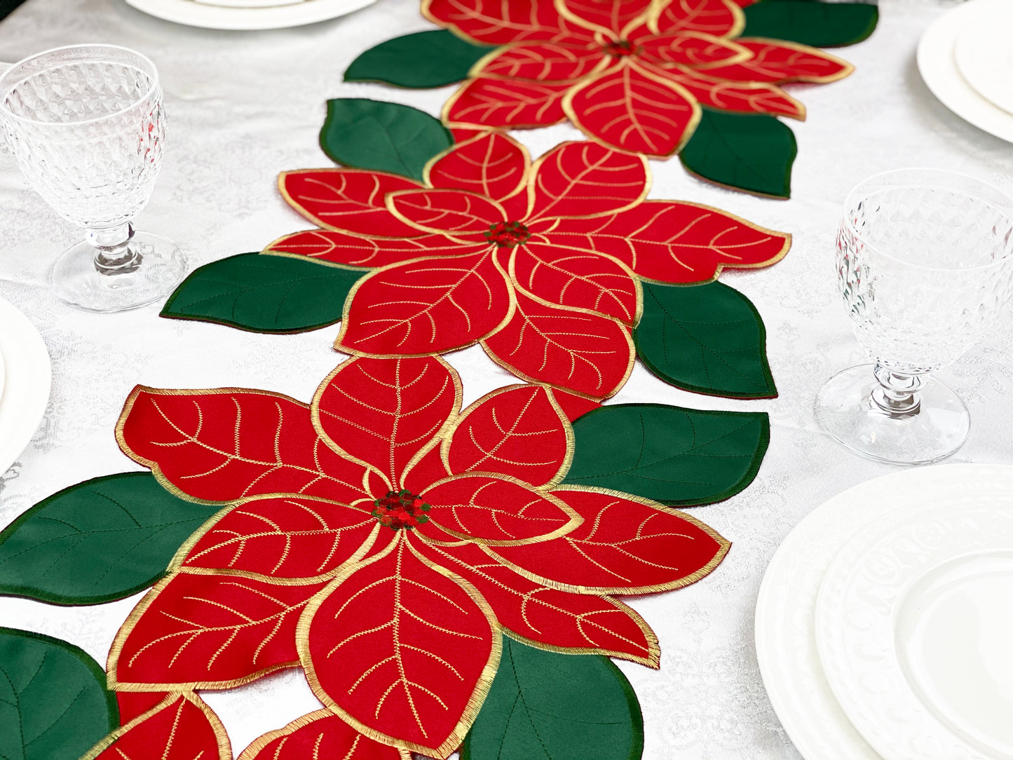Christmas Poinsettia Embroidered Cutwork 54-Inch Table Runner, Festive Red and Golden Winter Holiday New Year Floral Centerpiece Decor