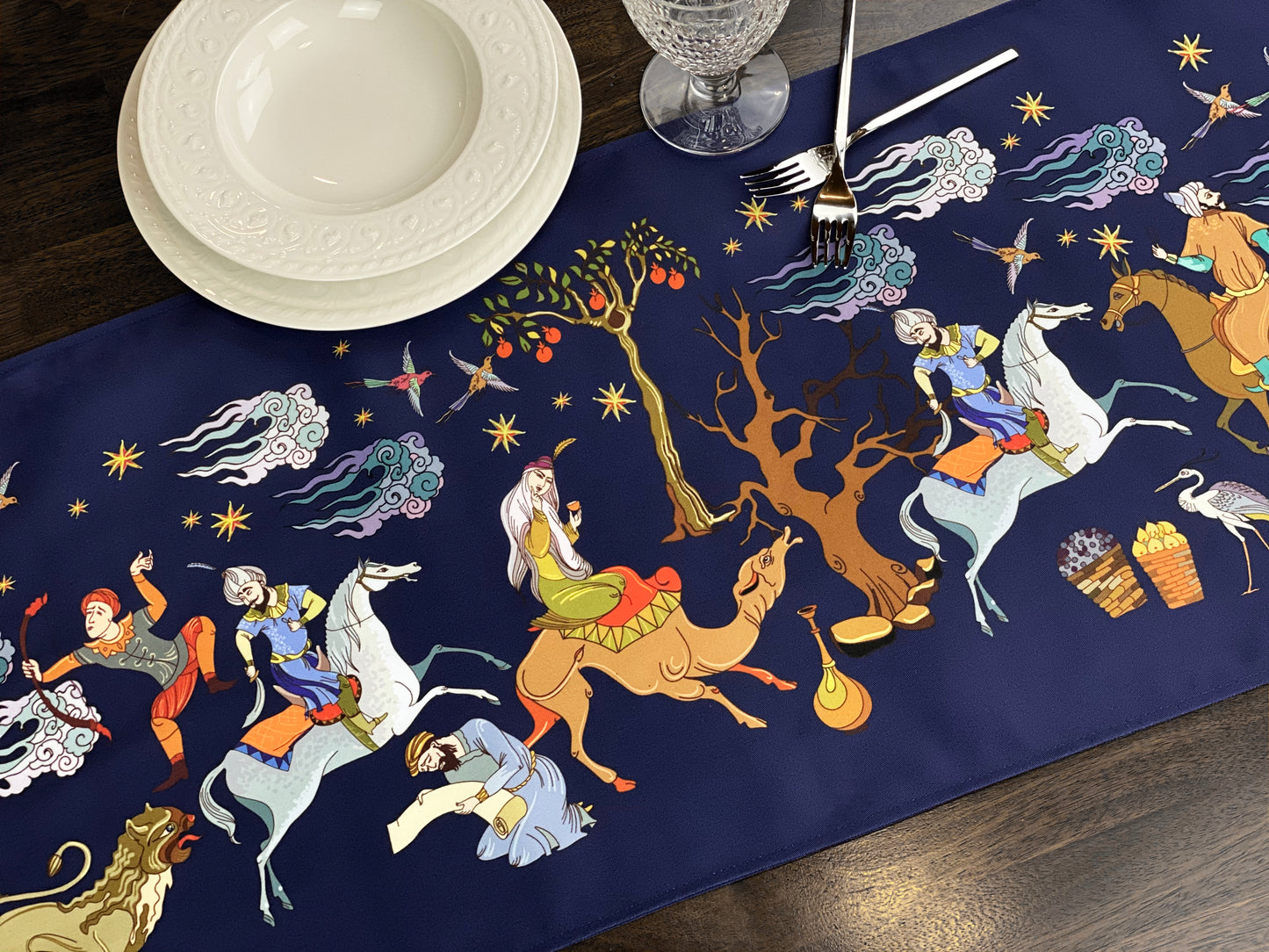 Double Sided Fairy-tale Art Print Table Runner 16" X 54", Medieval Persian Frescoes Art Design, Horse and Bird Centerpiece Runner