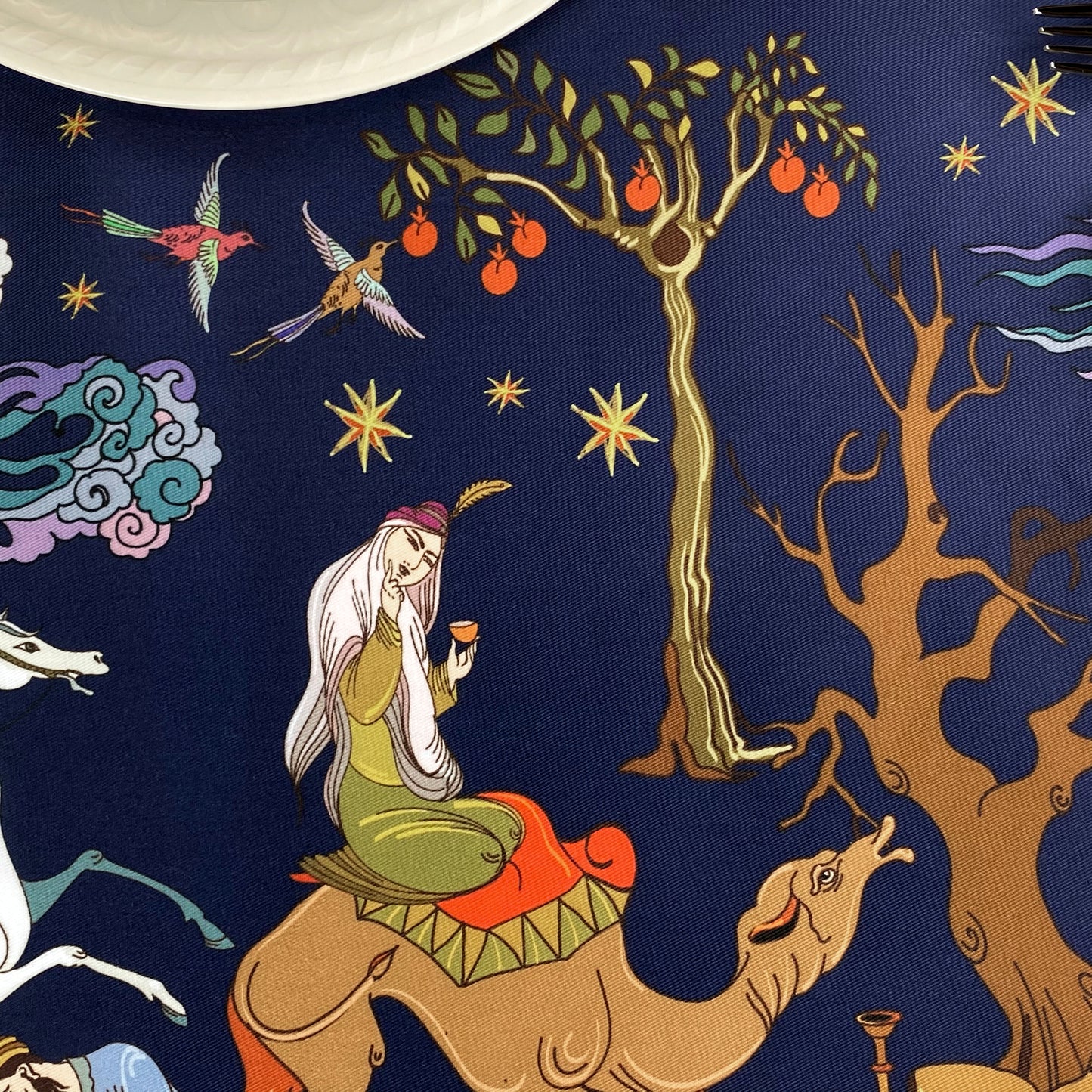 Double Sided Fairy-tale Art Print Table Runner 16" X 54", Medieval Persian Frescoes Art Design, Horse and Bird Centerpiece Runner