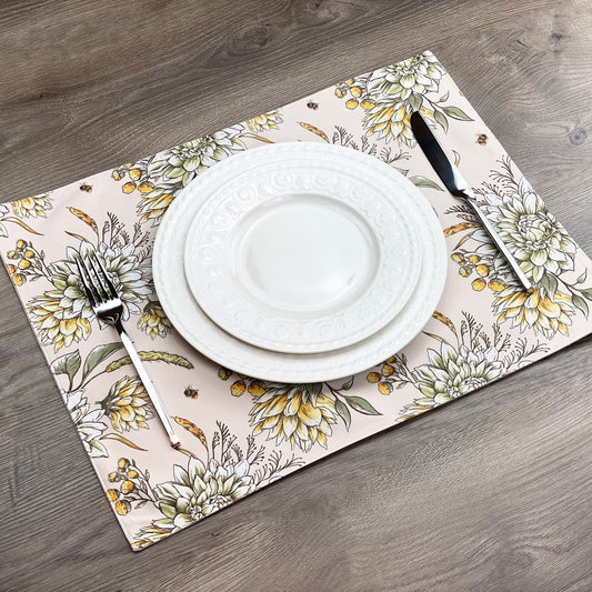 Set of 4 Autumn yellow floral and Bee placemat, fall chrysanthemum and bees printed washable Placemat for fall dining table . 14" x 19".