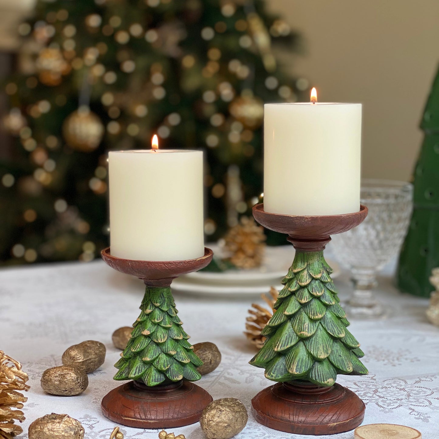 Christmas Tree Candle Holder, Set of 3, Holiday Centerpiece Display, Pine Tree Table decor for winter season autumn