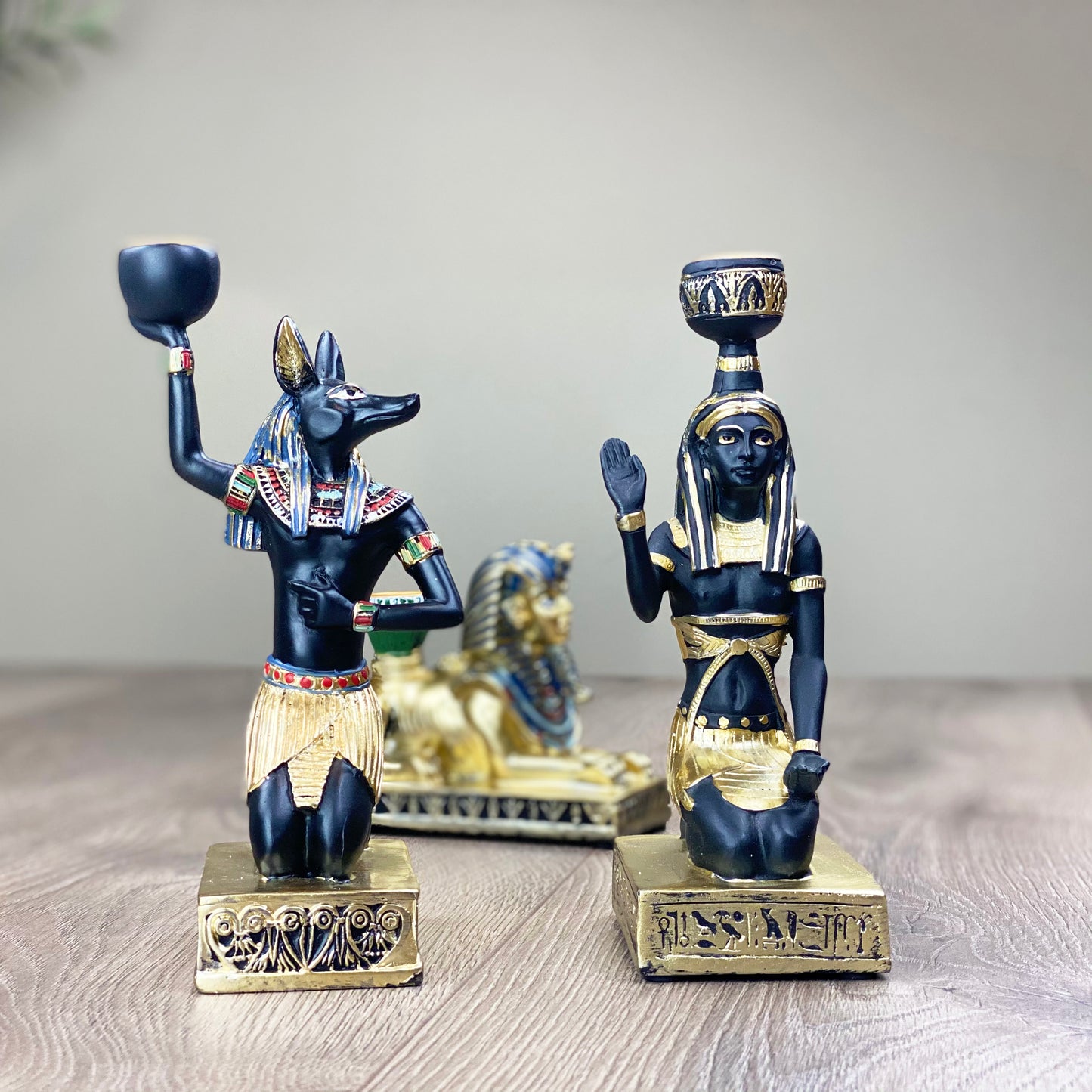 Ancient Egyptian deities Statue Candle holder, Set of 3, Vintage Style God and Goddess Home Décor for Holiday