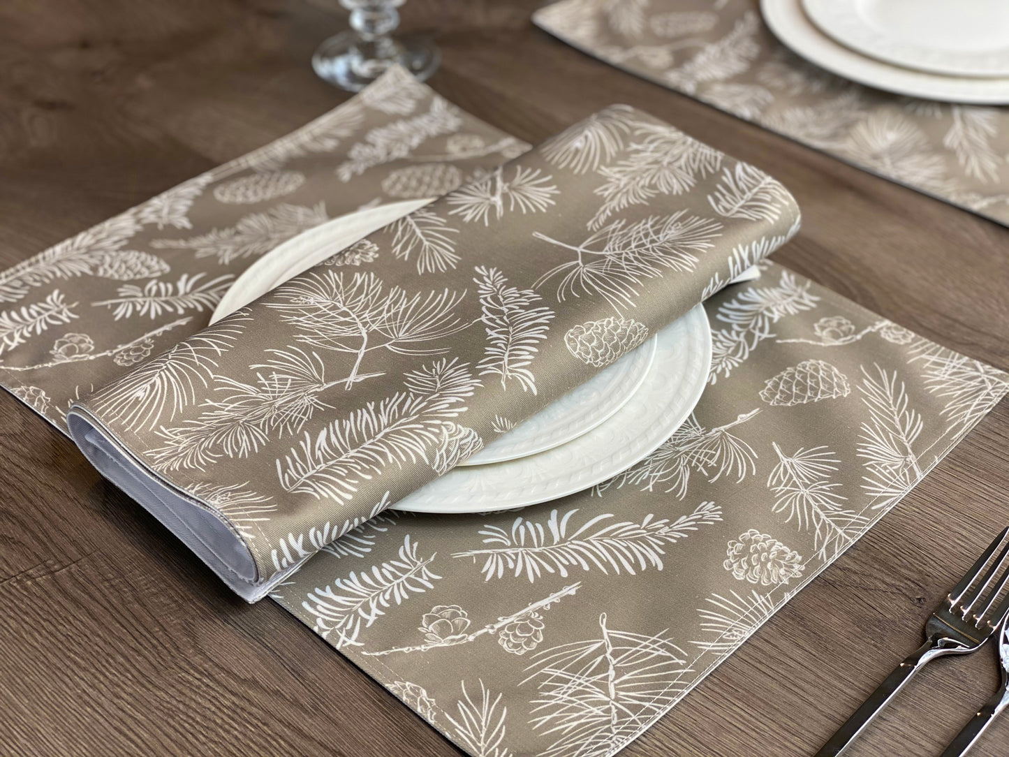 Set of 4 Autumn Fir branch Placemat, winter fall pine corns and fir branches Printed washable Placemat for fall dining table.14" x 19"