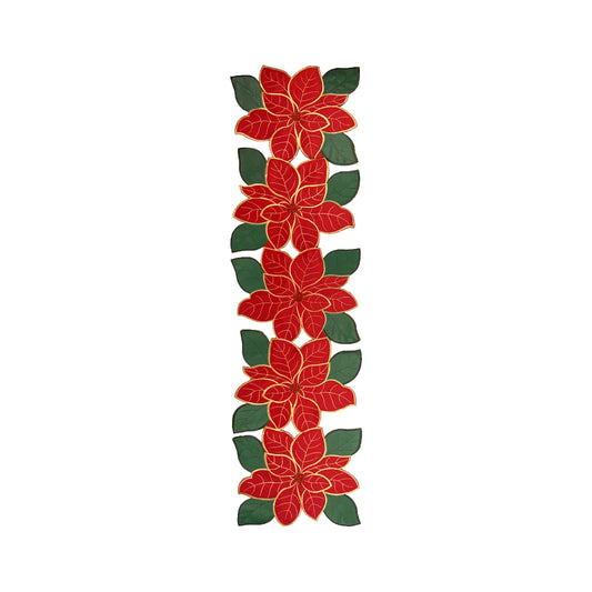 Christmas Poinsettia Embroidered Cutwork 54-Inch Table Runner, Festive Red and Golden Winter Holiday New Year Floral Centerpiece Decor