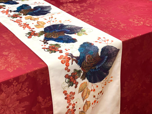 Double Sided Christmas Winter Bird Table Runner 16" X 71 ", Reversible Festive new year holiday party Centerpiece, berries and capercaillie