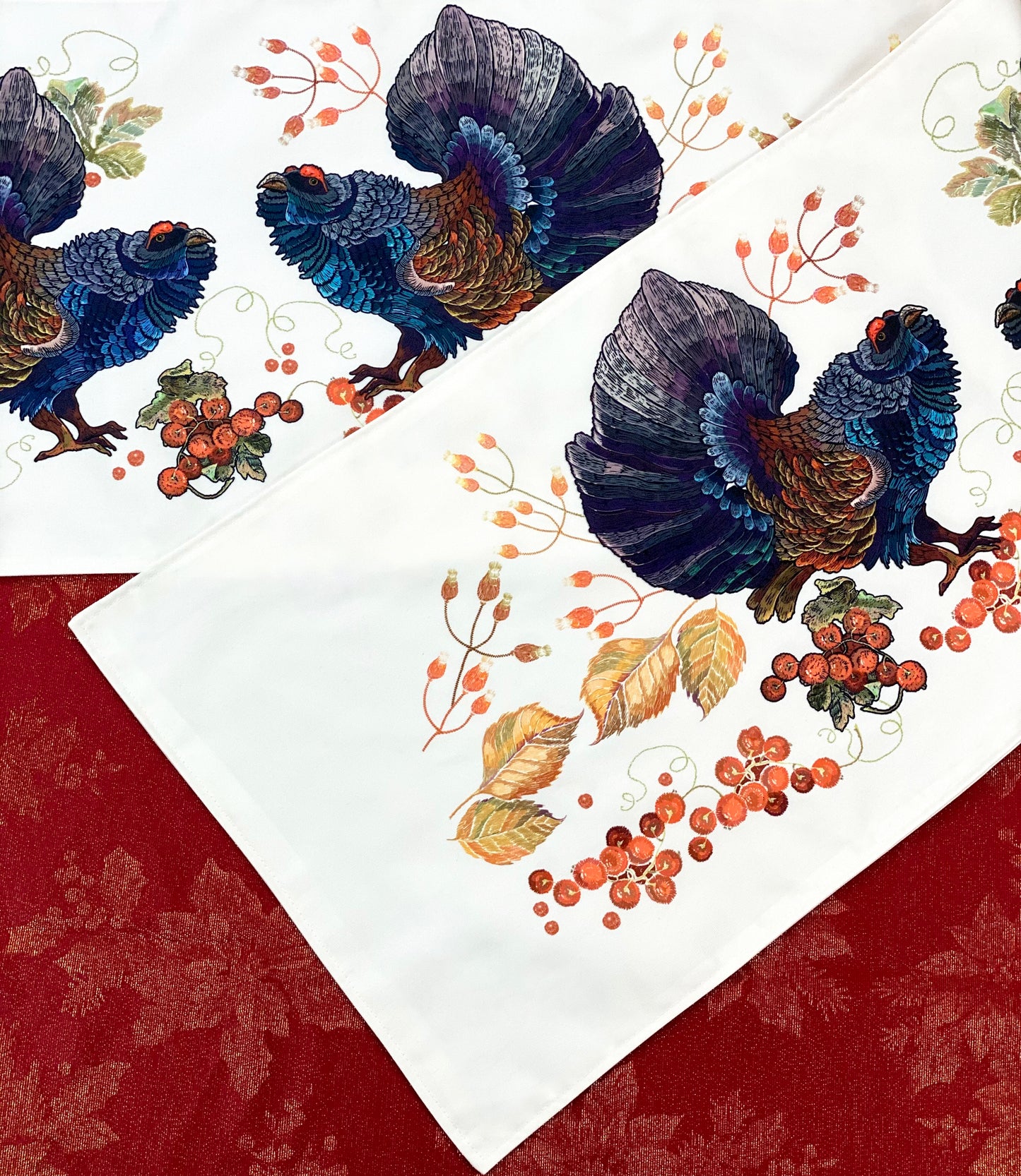Double Sided Christmas Winter Bird Table Runner 16" X 71 ", Reversible Festive new year holiday party Centerpiece, berries and capercaillie