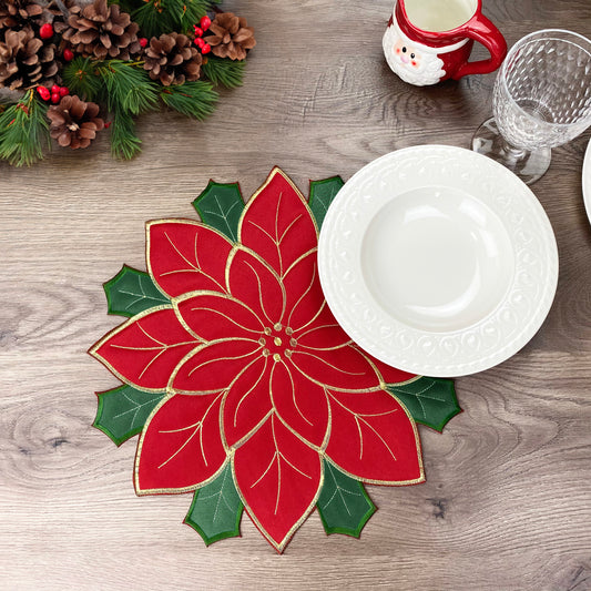 Set of 4 Christmas Poinsettia Embroidered Cutwork Round Placemats - Festive Red and Golden Winter Holiday New Year Floral Decor