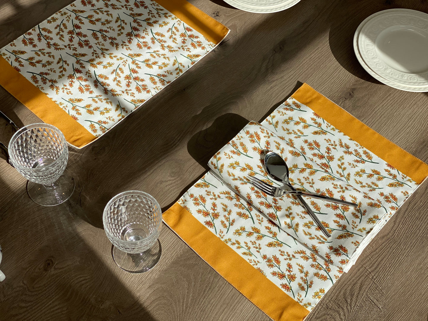 Set of 4 Mimosa Flower Placemat, Yellow Floral and Green Branch Pattern, Washable Cotton Placemat for fall dining table