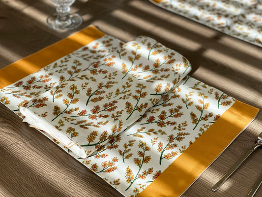 Set of 4 Mimosa Flower Placemat, Yellow Floral and Green Branch Pattern, Washable Cotton Placemat for fall dining table