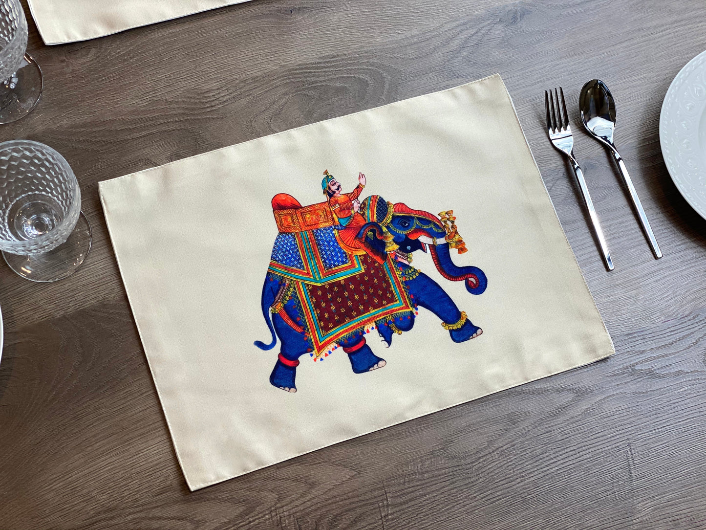 Set of 4 Vintage blue elephant placemat, artistic, colorful, art painting pattern, Decorative Washable Placemat for fall dining table