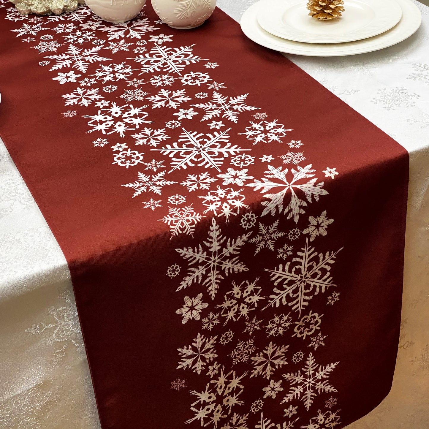 Double Sided Christmas Snowflakes Table Runner, 16" X 72" , Reversible Festive red centerpiece décor for new year spring party