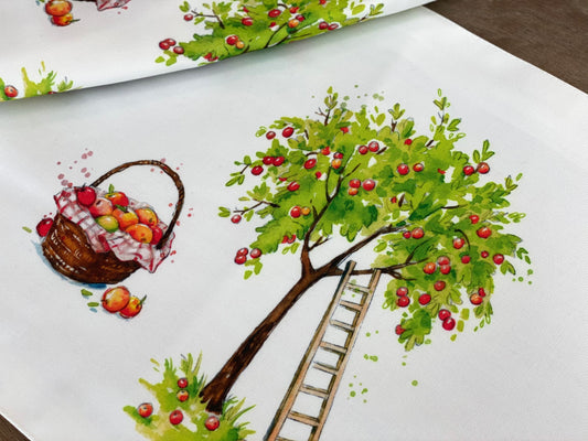 Set of 4 Harvest time Apple farm Placemat, basket of ripe apples and apple tree with ladder, Washable Cotton Placemat for fall dining table