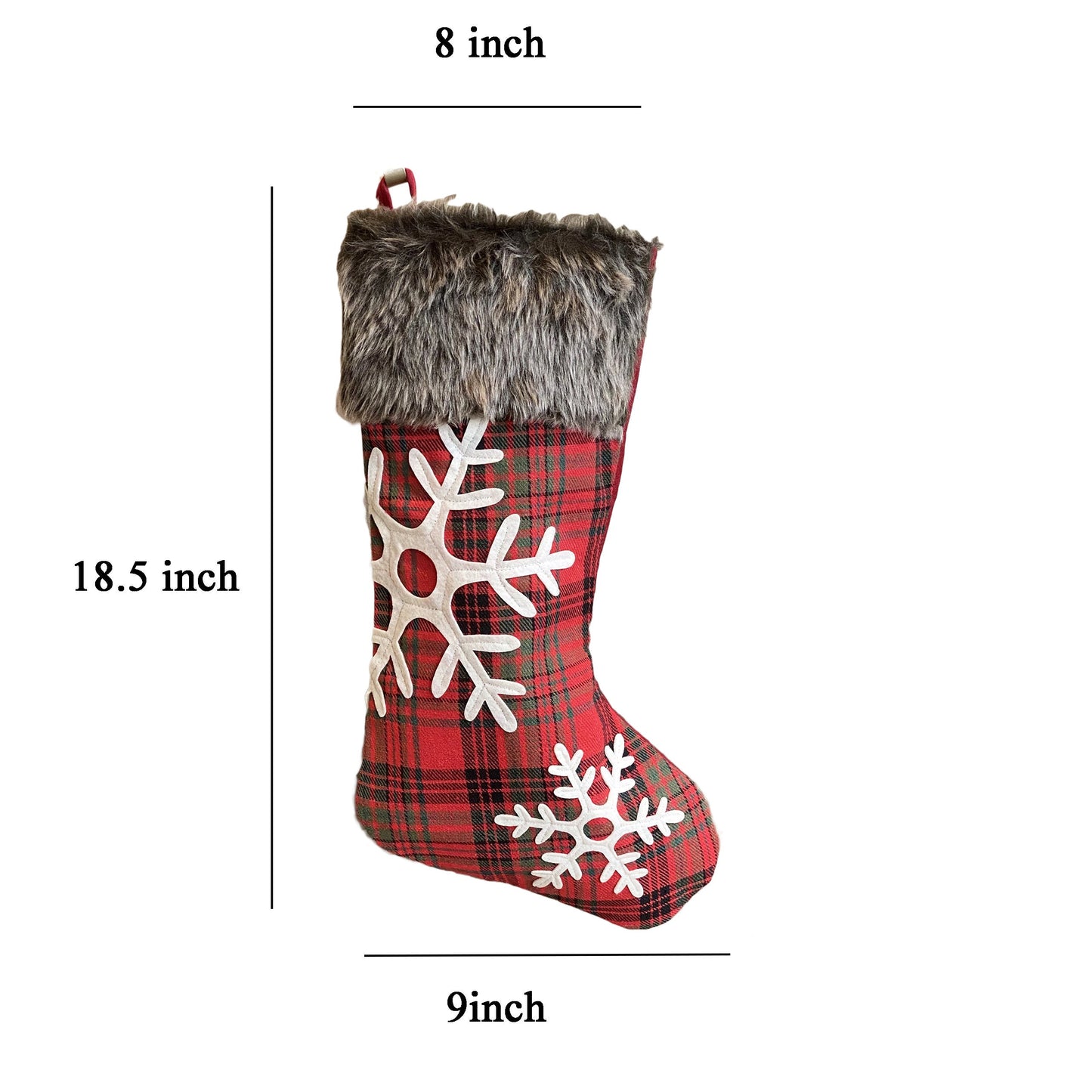 18" Plaid Christmas Stocking with fur Cuff，Set of 4, red classic plaid and snowflake