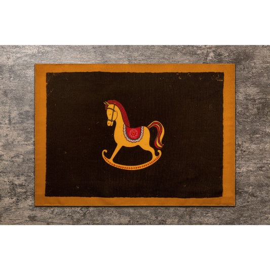 Set of 4 yellow rocking horse placemat, Holiday cartoon horse pattern, Machine washable Cotton Placemat, (13"x18")